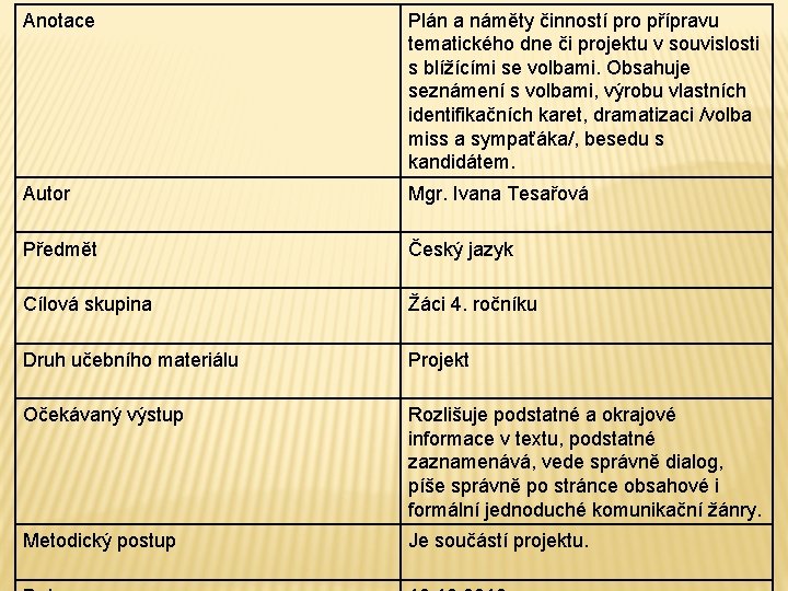 Anotace Plán a náměty činností pro přípravu tematického dne či projektu v souvislosti s