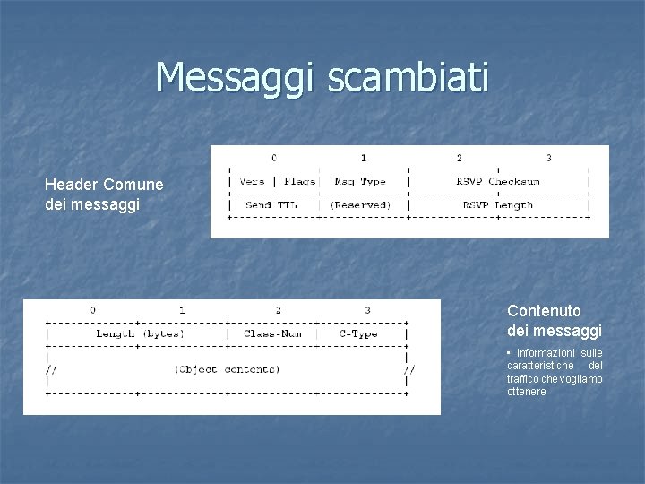 Messaggi scambiati Header Comune dei messaggi Contenuto dei messaggi • informazioni sulle caratteristiche del