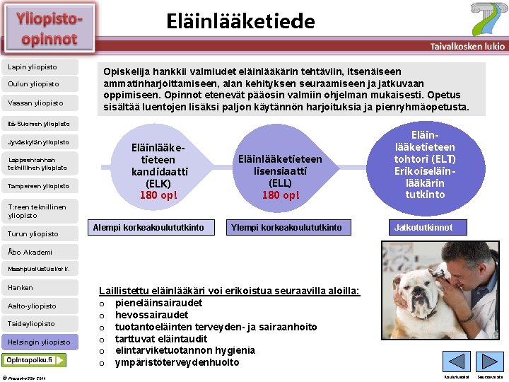 Eläinlääketiede Älä muuta perustyylidiaa Lapin yliopisto Oulun yliopisto Vaasan yliopisto Opiskelija hankkii valmiudet eläinlääkärin