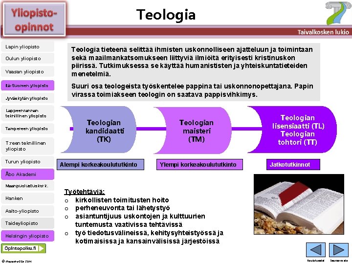 Teologia Älä muuta perustyylidiaa Lapin yliopisto Oulun yliopisto Vaasan yliopisto Itä-Suomen yliopisto Jyväskylän yliopisto