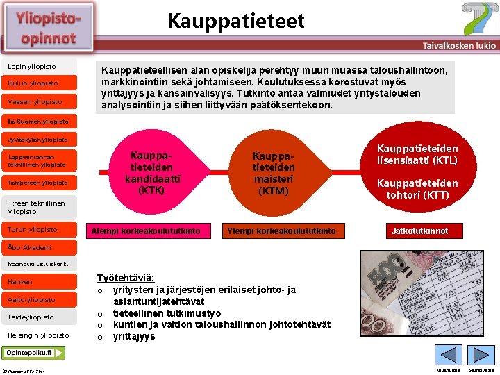 Kauppatieteet Älä muuta perustyylidiaa Lapin yliopisto Oulun yliopisto Vaasan yliopisto Kauppatieteellisen alan opiskelija perehtyy