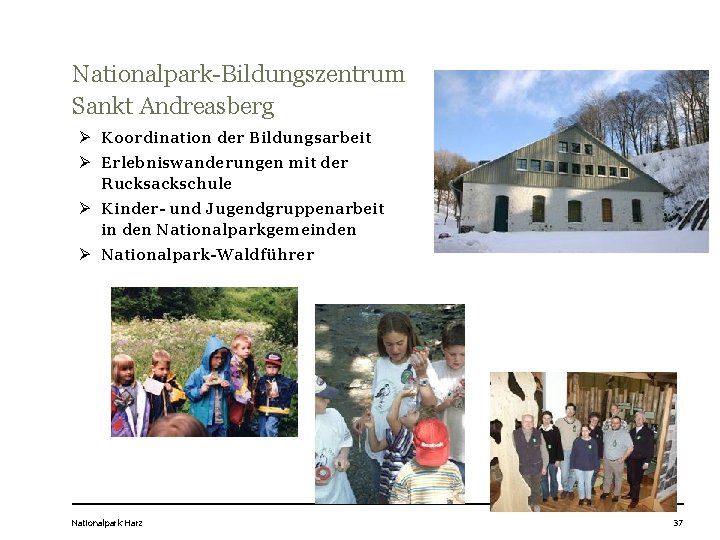 Nationalpark-Bildungszentrum Sankt Andreasberg Ø Koordination der Bildungsarbeit Ø Erlebniswanderungen mit der Rucksackschule Ø Kinder-