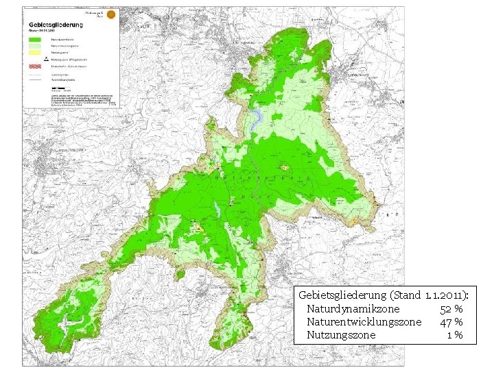 Gebietsgliederung (Stand 1. 1. 2011): Naturdynamikzone 52 % Naturentwicklungszone 47 % Nutzungszone 1% 