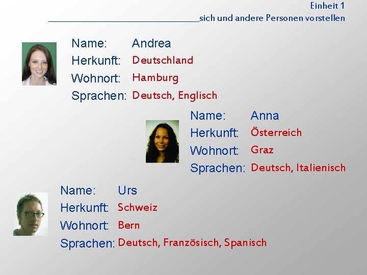 Einheit 1 ___________________sich und andere Personen vorstellen Name: Herkunft: Wohnort: Sprachen: Andrea Deutschland Hamburg