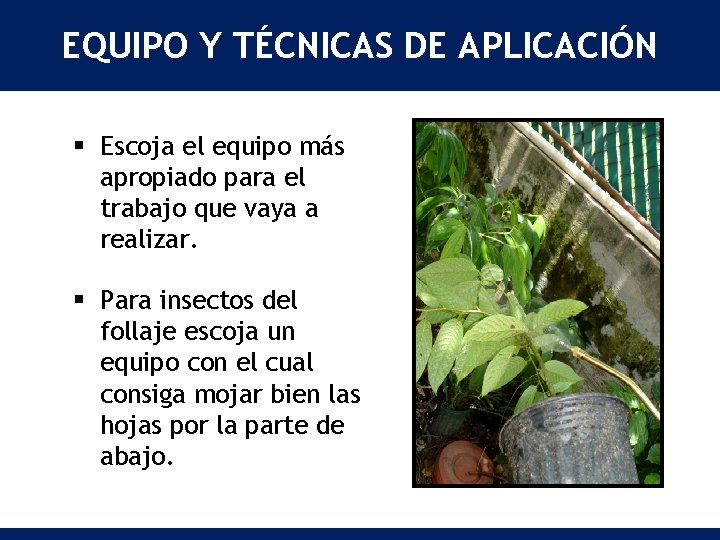 EQUIPO Y TÉCNICAS DE APLICACIÓN § Escoja el equipo más apropiado para el trabajo EQUIPO Y TÉCNICAS DE APLICACIÓN § Escoja el equipo más apropiado para el trabajo