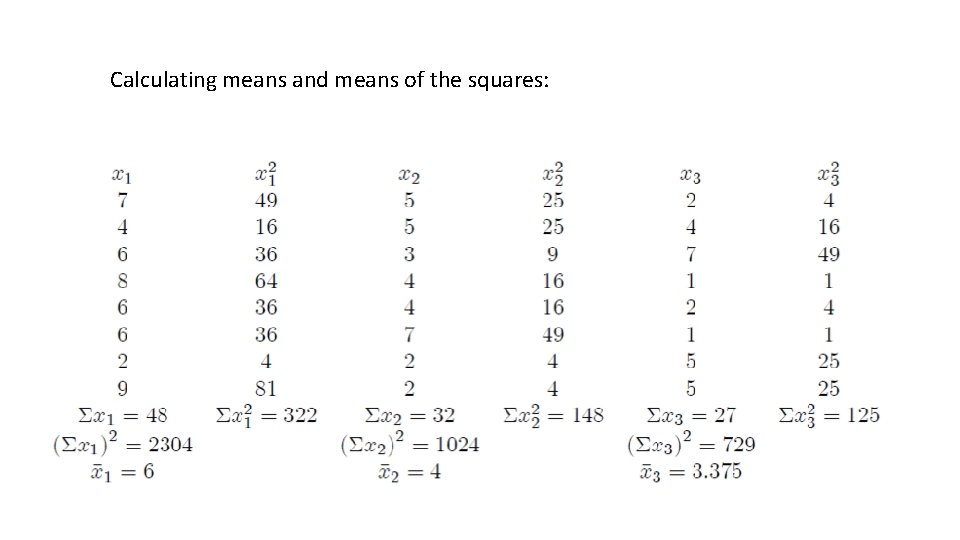Calculating means and means of the squares: 