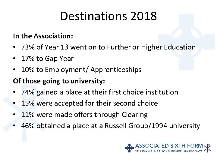 Destinations 2018 In the Association: • 73% of Year 13 went on to Further