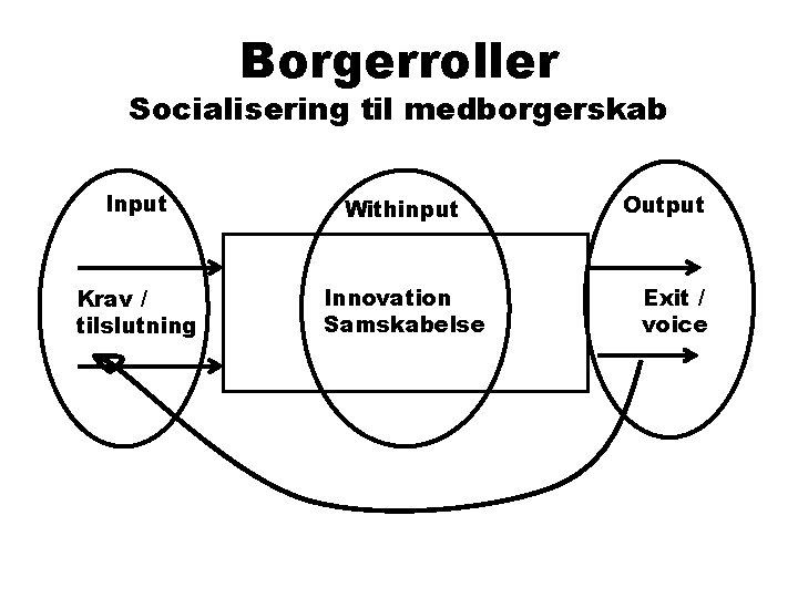 Borgerroller Socialisering til medborgerskab Input Withinput Krav / tilslutning Innovation Samskabelse Output Exit /