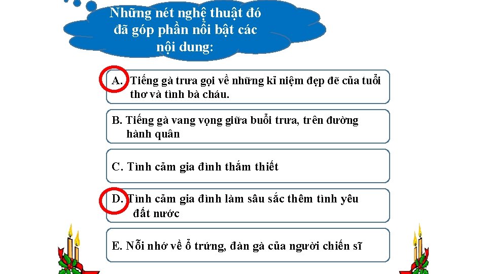 Những nét nghệ thuật đó đã góp phần nổi bật các nội dung: A.