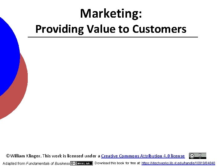 Marketing: Providing Value to Customers ©William Klinger. This work is licensed under a Creative