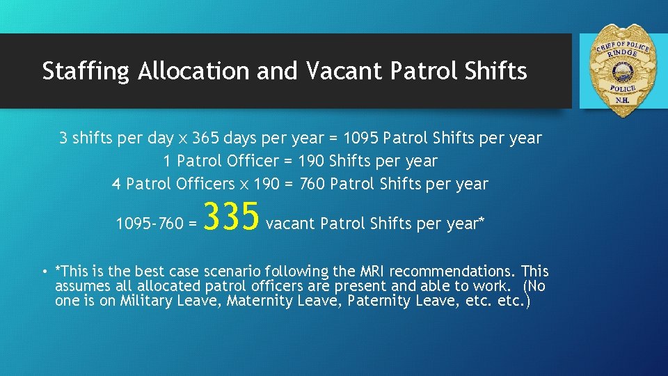 Staffing Allocation and Vacant Patrol Shifts 3 shifts per day x 365 days per