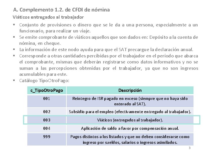 A. Complemento 1. 2. de CFDI de nómina Viáticos entregados al trabajador § Conjunto