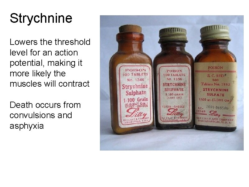 Strychnine Lowers the threshold level for an action potential, making it more likely the