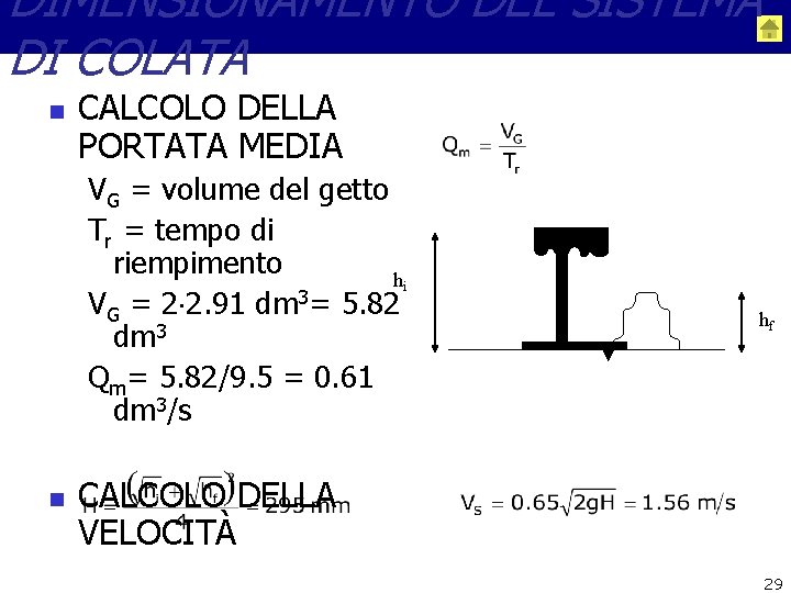 DIMENSIONAMENTO DEL SISTEMA DI COLATA n CALCOLO DELLA PORTATA MEDIA VG = volume del