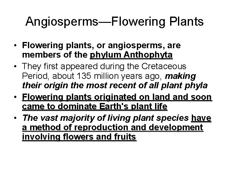  Angiosperms—Flowering Plants • Flowering plants, or angiosperms, are members of the phylum Anthophyta