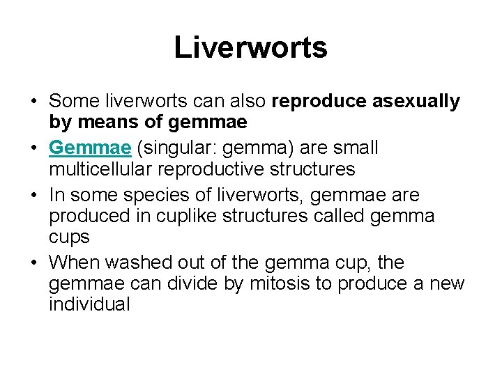 Liverworts • Some liverworts can also reproduce asexually by means of gemmae • Gemmae