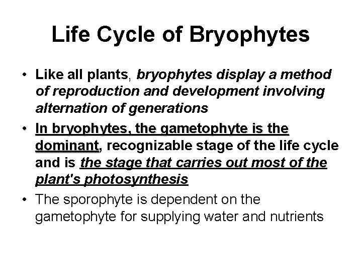 Life Cycle of Bryophytes • Like all plants, bryophytes display a method of reproduction