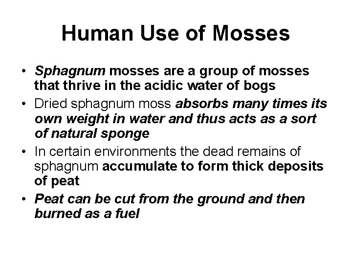 Human Use of Mosses • Sphagnum mosses are a group of mosses that thrive