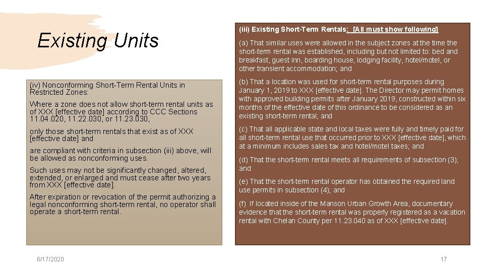 Existing Units (iv) Nonconforming Short-Term Rental Units in Restricted Zones: Where a zone does Existing Units (iv) Nonconforming Short-Term Rental Units in Restricted Zones: Where a zone does