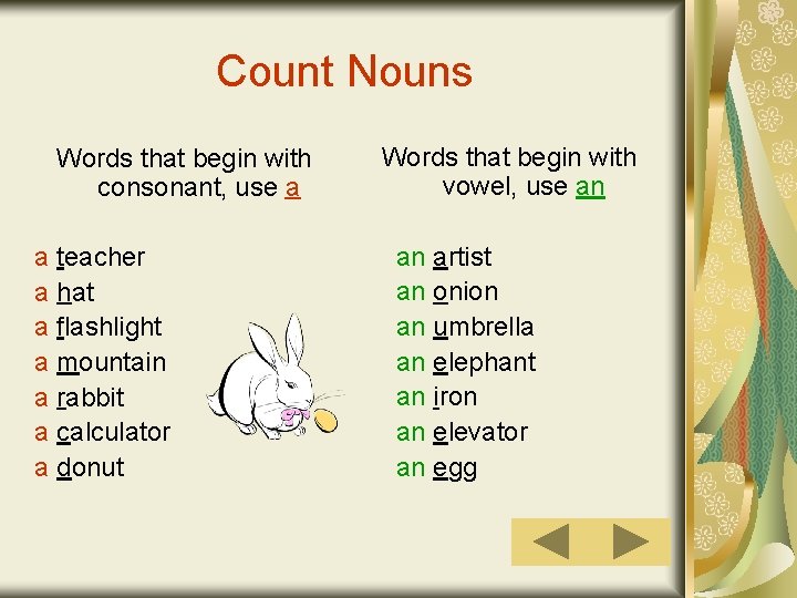 Count Nouns Words that begin with consonant, use a a teacher a hat a