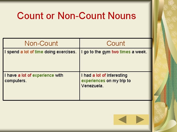 Count or Non-Count Nouns Non-Count I spend a lot of time doing exercises. I