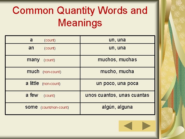 Common Quantity Words and Meanings a (count) un, una an (count) un, una (count)