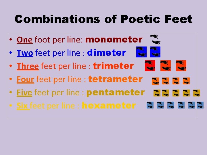 Combinations of Poetic Feet • • • One foot per line: monometer One Two