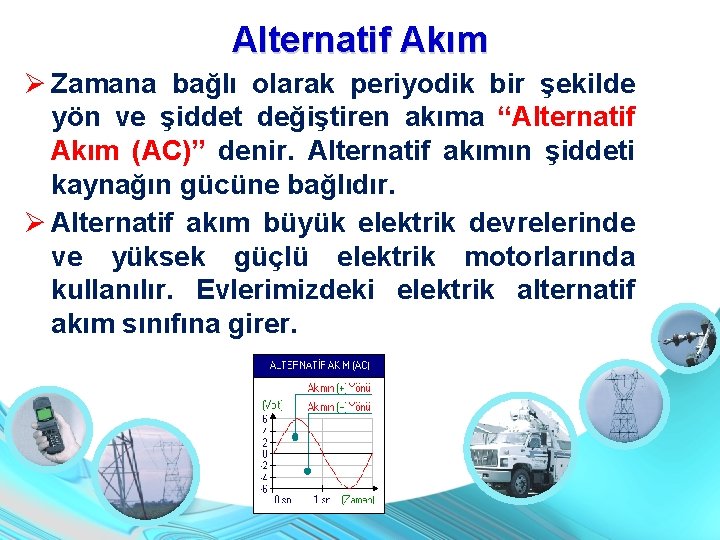 Alternatif Akım Zamana bağlı olarak periyodik bir şekilde yön ve şiddet değiştiren akıma “Alternatif