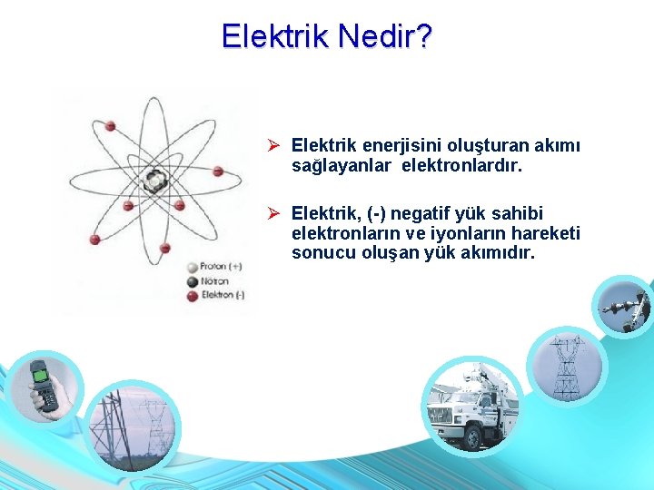 Elektrik Nedir? Elektrik enerjisini oluşturan akımı sağlayanlar elektronlardır. Elektrik, (-) negatif yük sahibi elektronların