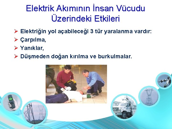 Elektrik Akımının İnsan Vücudu Üzerindeki Etkileri Elektriğin yol açabileceği 3 tür yaralanma vardır: Çarpılma,