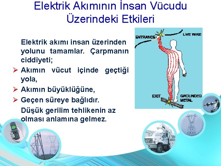 Elektrik Akımının İnsan Vücudu Üzerindeki Etkileri Elektrik akımı insan üzerinden yolunu tamamlar. Çarpmanın ciddiyeti;