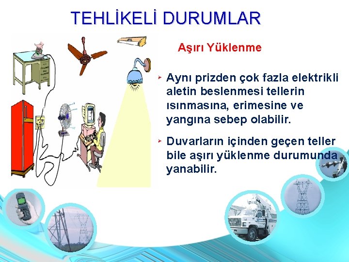 TEHLİKELİ DURUMLAR Aşırı Yüklenme Aynı prizden çok fazla elektrikli aletin beslenmesi tellerin ısınmasına, erimesine