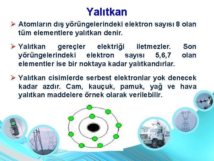 Yalıtkan Atomların dış yörüngelerindeki elektron sayısı 8 olan tüm elementlere yalıtkan denir. Yalıtkan gereçler Yalıtkan Atomların dış yörüngelerindeki elektron sayısı 8 olan tüm elementlere yalıtkan denir. Yalıtkan gereçler