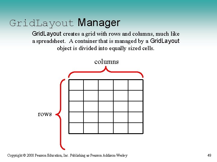 Grid. Layout Manager Grid. Layout creates a grid with rows and columns, much like