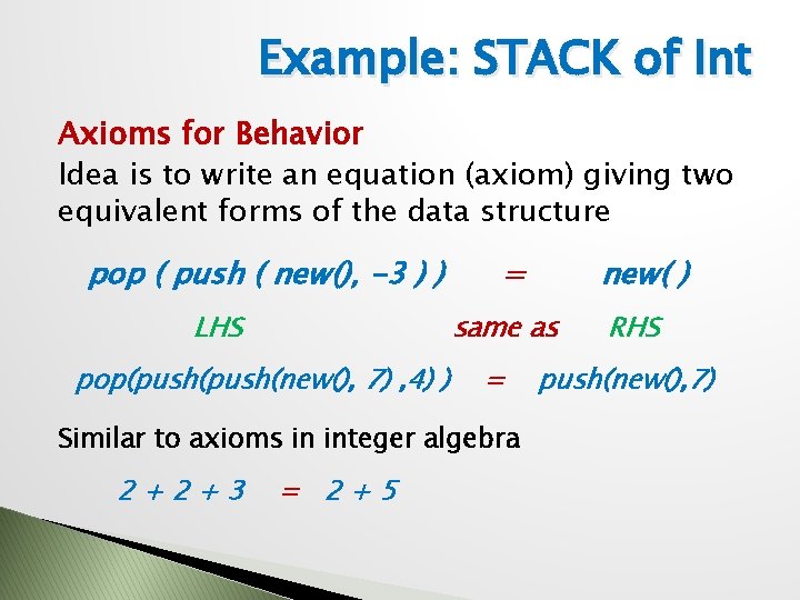 Example: STACK of Int Axioms for Behavior Idea is to write an equation (axiom)