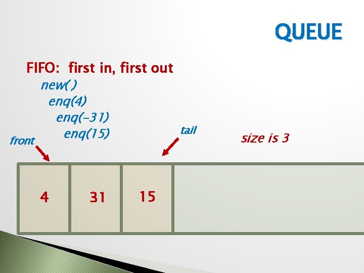 QUEUE FIFO: first in, first out new( ) enq(4) enq(-31) enq(15) front 4 31