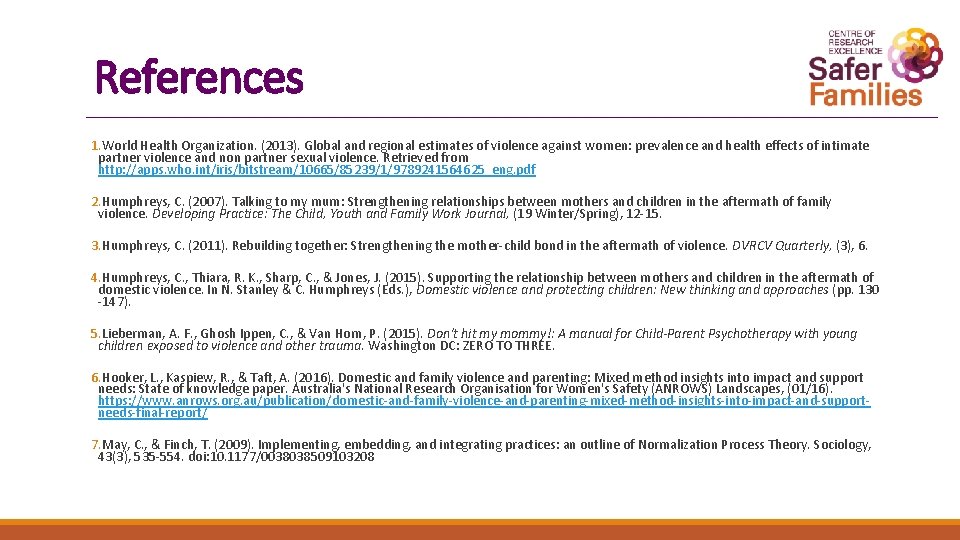 References 1. World Health Organization. (2013). Global and regional estimates of violence against women: References 1. World Health Organization. (2013). Global and regional estimates of violence against women: