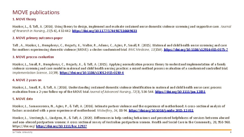 MOVE publications 1. MOVE theory Hooker, L. , & Taft, A. (2016). Using theory MOVE publications 1. MOVE theory Hooker, L. , & Taft, A. (2016). Using theory