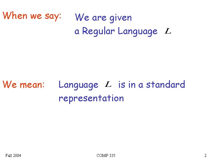 When we say: We mean: Fall 2004 We are given a Regular Language is