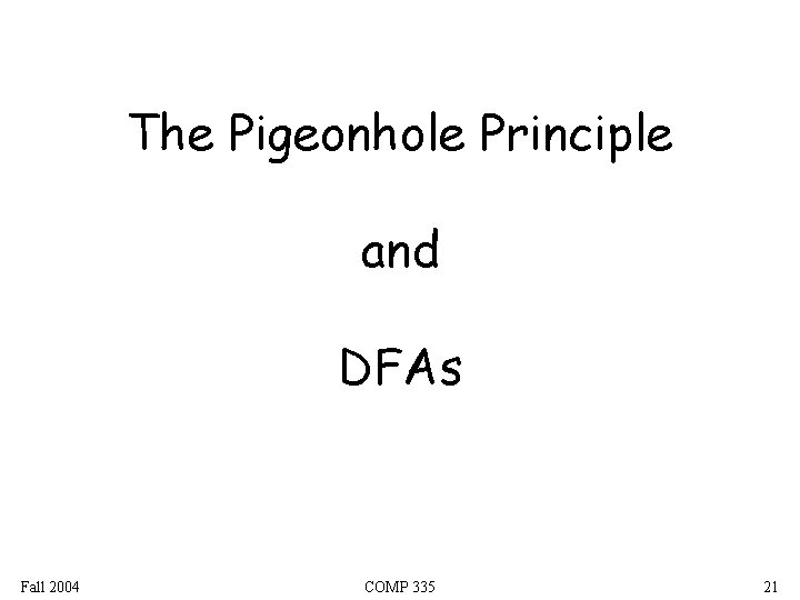 The Pigeonhole Principle and DFAs Fall 2004 COMP 335 21 