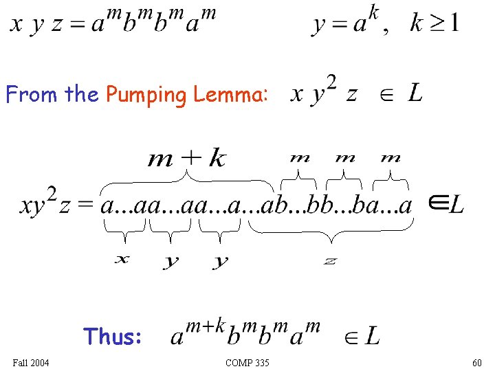 From the Pumping Lemma: Thus: Fall 2004 COMP 335 60 