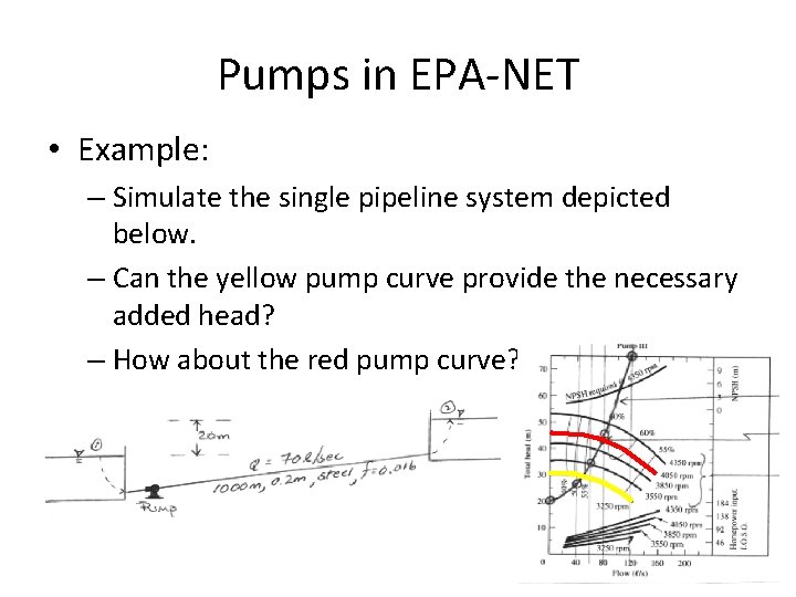 Pumps in EPA-NET • Example: – Simulate the single pipeline system depicted below. –