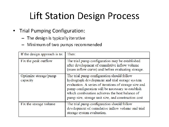 Lift Station Design Process • Trial Pumping Configuration: – The design is typically iterative
