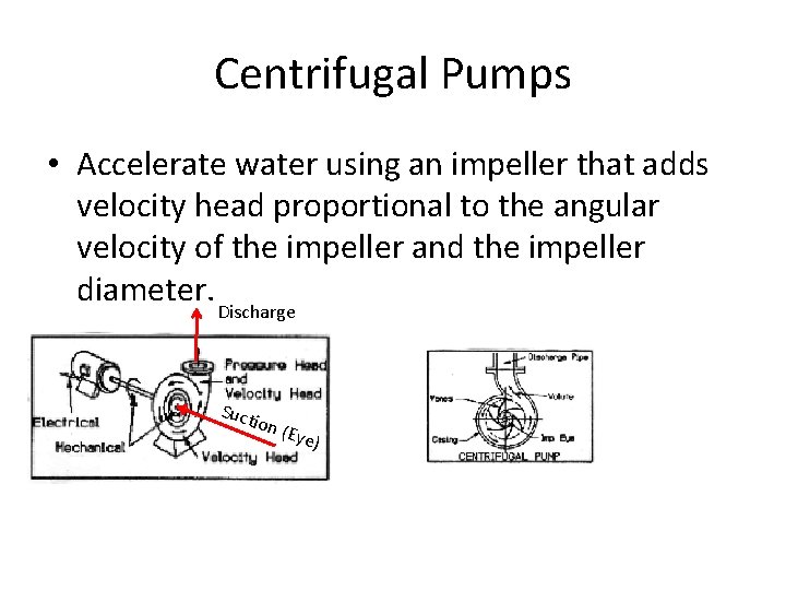 Centrifugal Pumps • Accelerate water using an impeller that adds velocity head proportional to