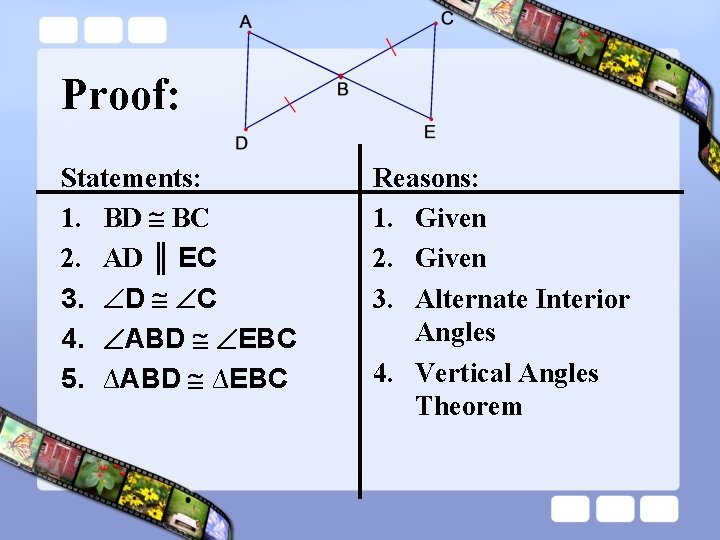 Proof: Statements: 1. BD BC 2. AD ║ EC 3. D C 4. ABD