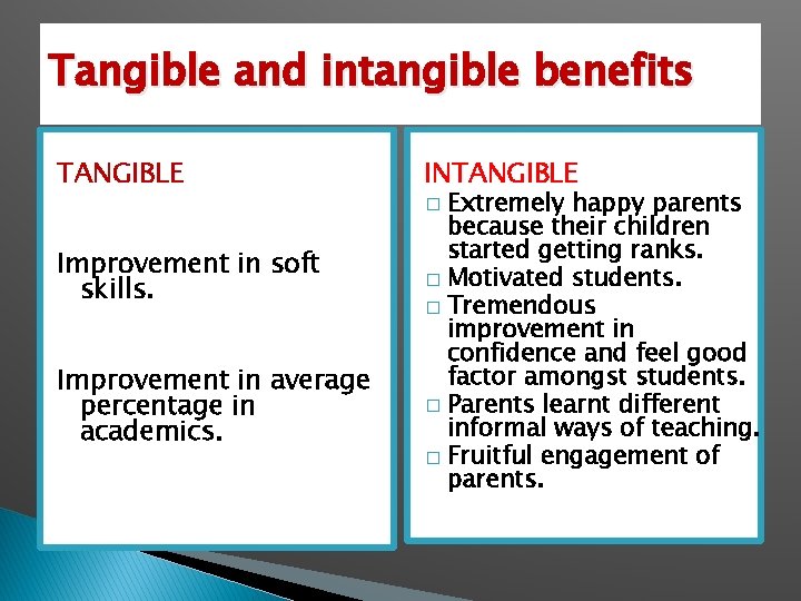 Tangible and intangible benefits TANGIBLE INTANGIBLE Extremely happy parents because their children started getting Tangible and intangible benefits TANGIBLE INTANGIBLE Extremely happy parents because their children started getting
