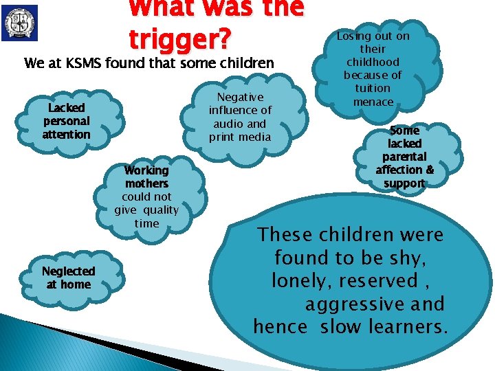 What was the trigger? We at KSMS found that some children Negative influence of What was the trigger? We at KSMS found that some children Negative influence of