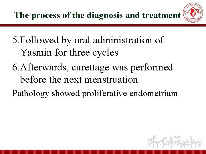 The process of the diagnosis and treatment 5. Followed by oral administration of Yasmin