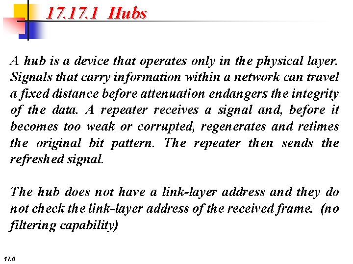 17. 1 Hubs A hub is a device that operates only in the physical