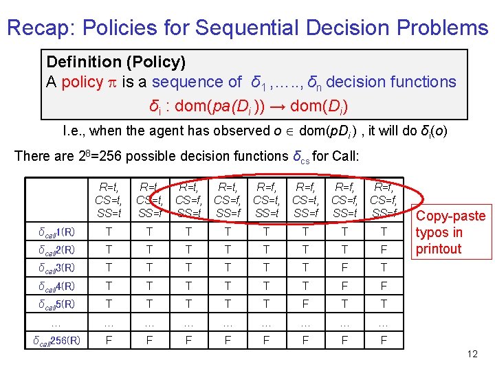 Recap: Policies for Sequential Decision Problems Definition (Policy) A policy is a sequence of